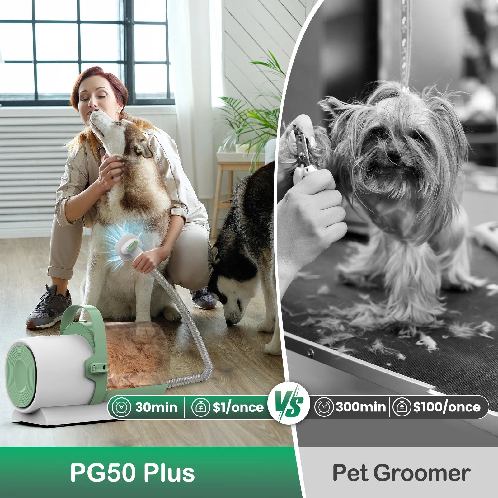 Dog Grooming Kit, 7 Grooming Tools, Pet Grooming Vacuum, Dog Clippers Kit, Low Noise, PG50 PLUS